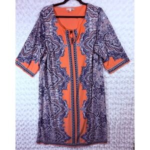 Signature Camryn Women 18W Orange Paisley Medallion Split Neck Half Sleeve Dress